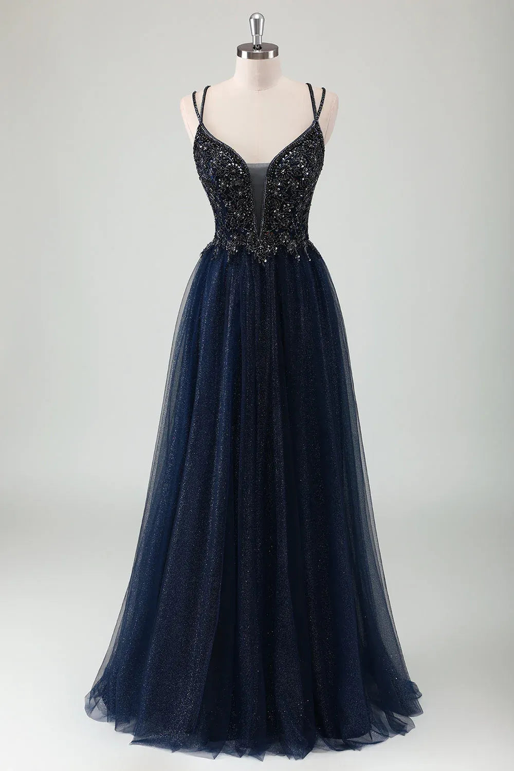 A-Line Spaghetti Strap Beaded Sequins Glitter Tulle Navy Maxi Prom Dress