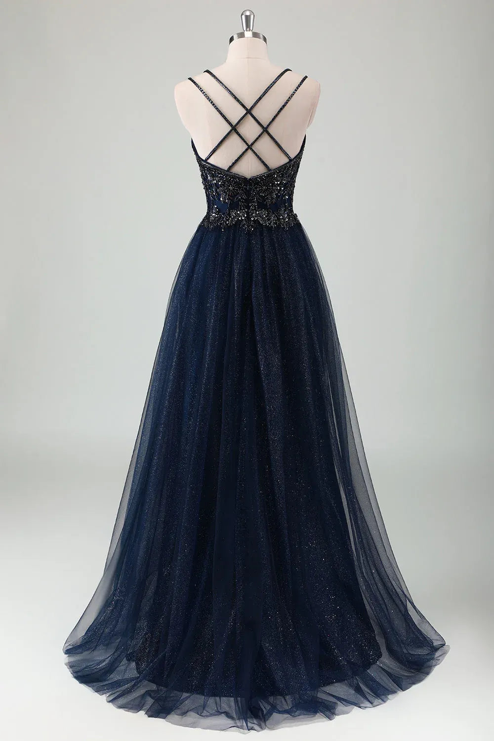 A-Line Spaghetti Strap Beaded Sequins Glitter Tulle Navy Maxi Prom Dress