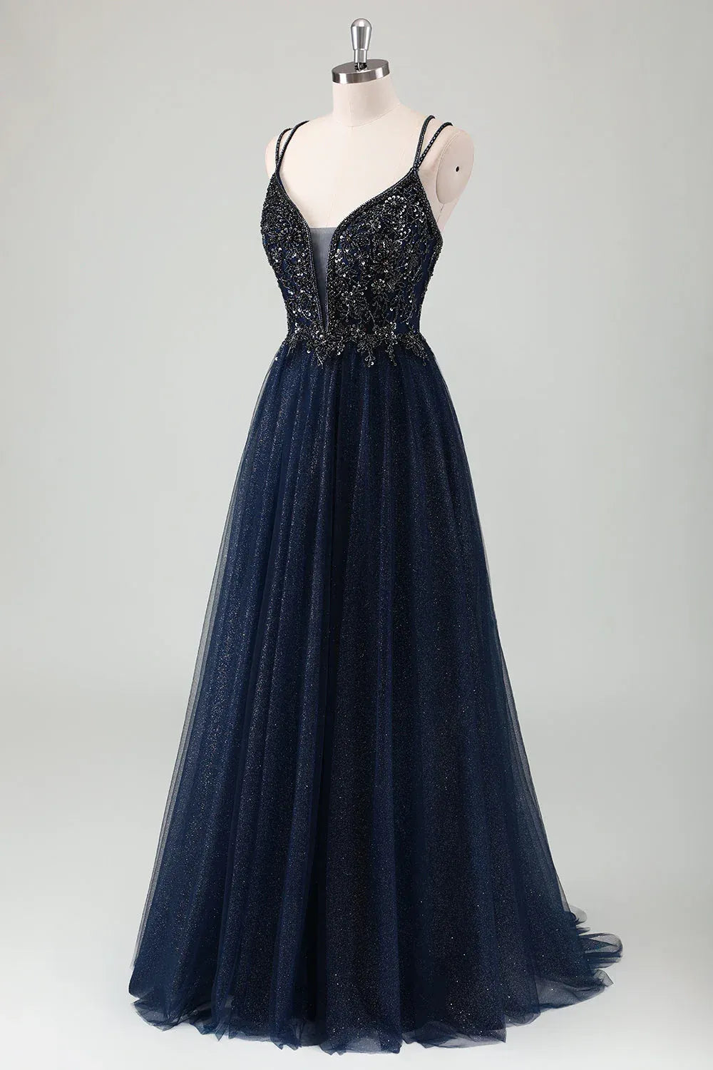 A-Line Spaghetti Strap Beaded Sequins Glitter Tulle Navy Maxi Prom Dress