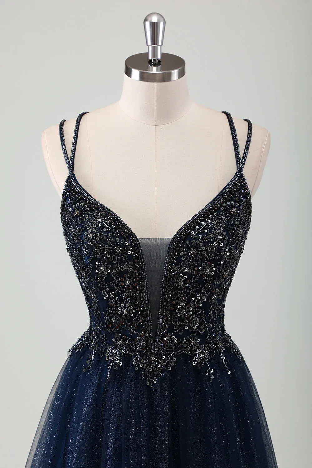 A-Line Spaghetti Strap Beaded Sequins Glitter Tulle Navy Maxi Prom Dress