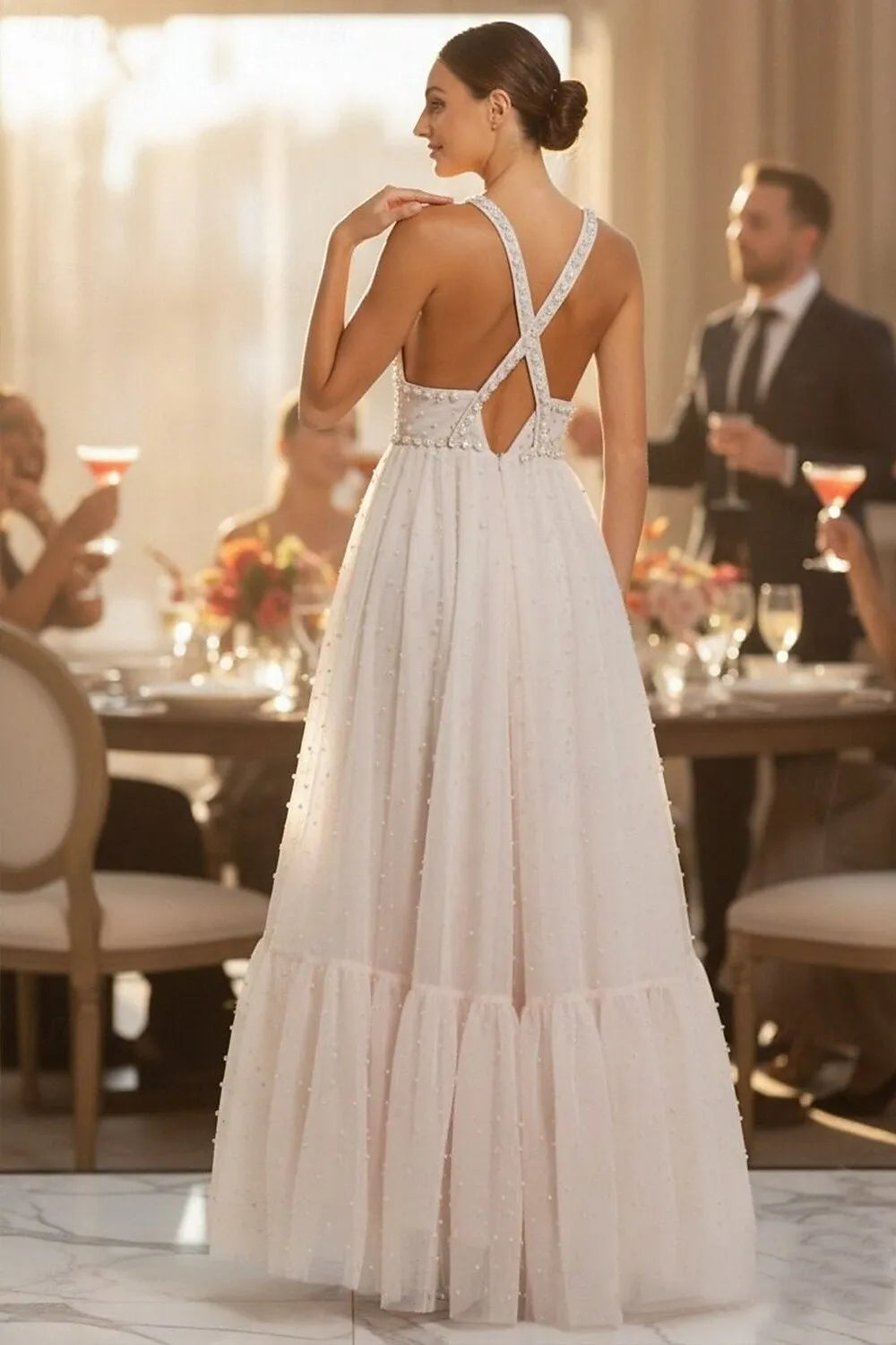 A-Line Spaghetti Strap Beaded Tulle Champagne Ankle Length Evening Dress
