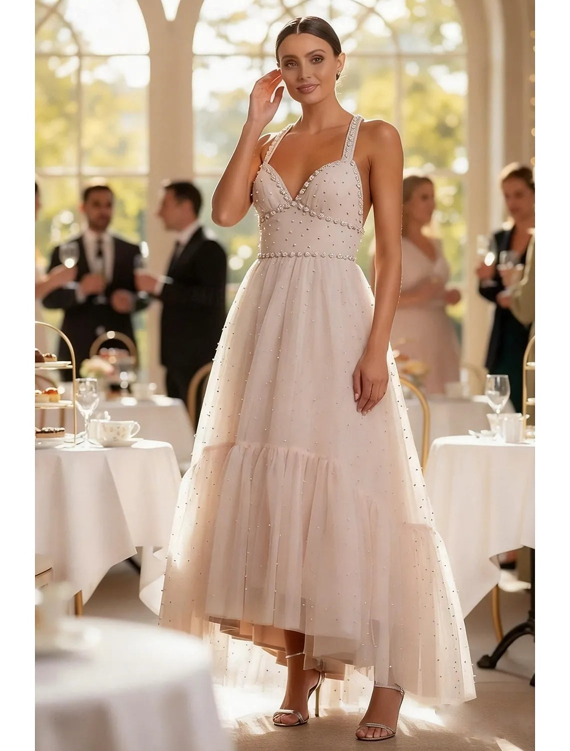 A-Line Spaghetti Strap Beaded Tulle Champagne Ankle Length Evening Dress