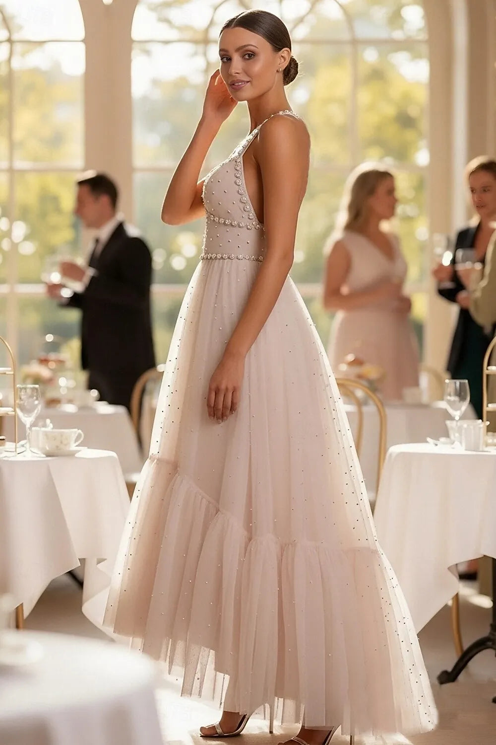 A-Line Spaghetti Strap Beaded Tulle Champagne Ankle Length Evening Dress