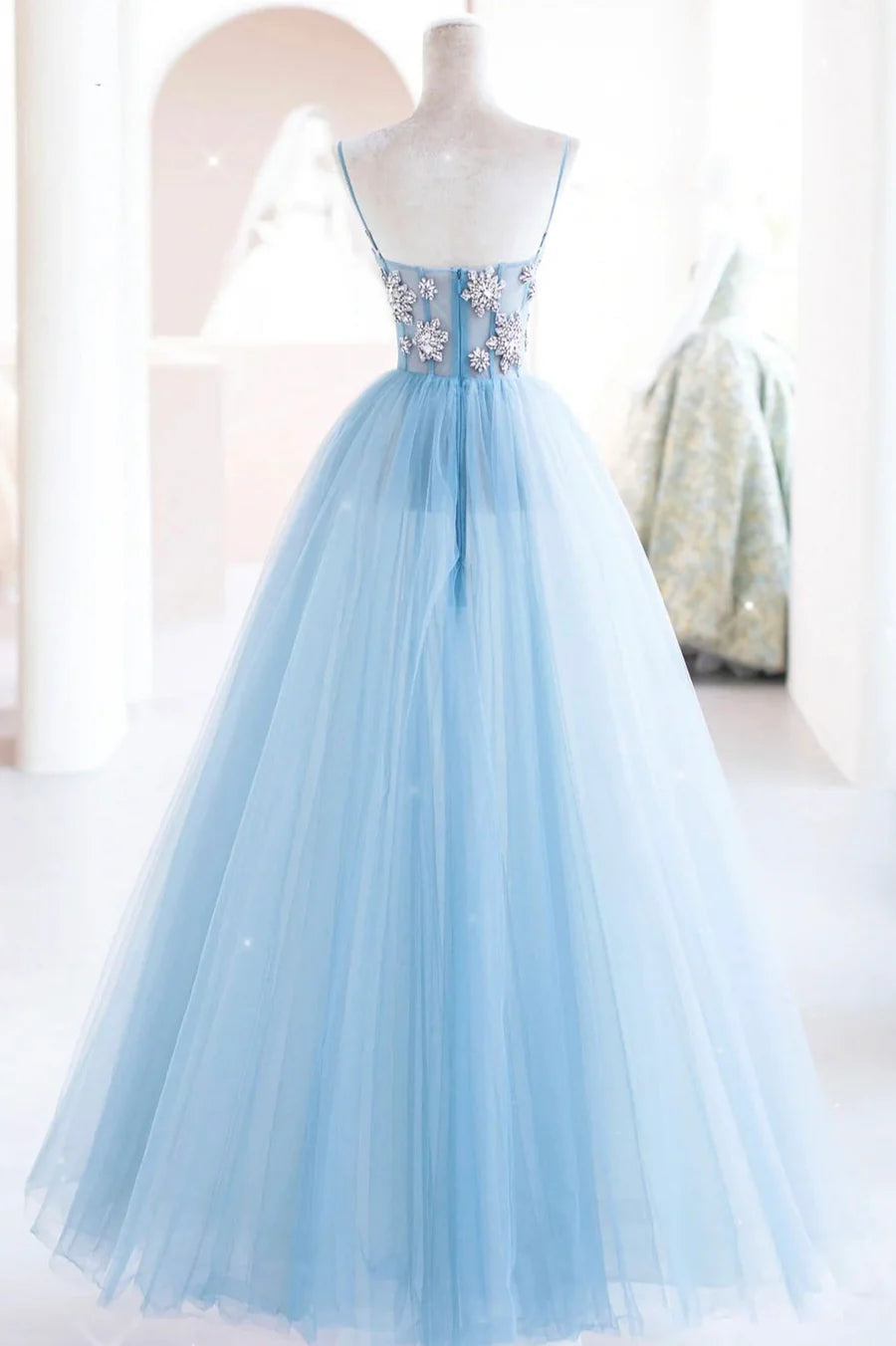 A-Line Spaghetti Strap Beading Tulle Blue Long Prom Dresses With Rhinestones