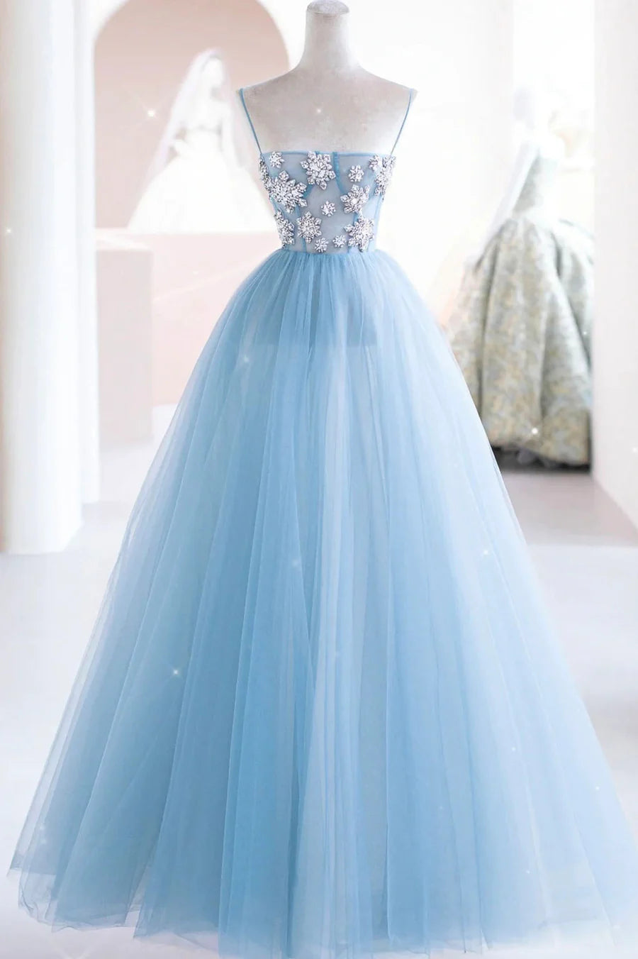 A-Line Spaghetti Strap Beading Tulle Blue Long Prom Dresses With Rhinestones