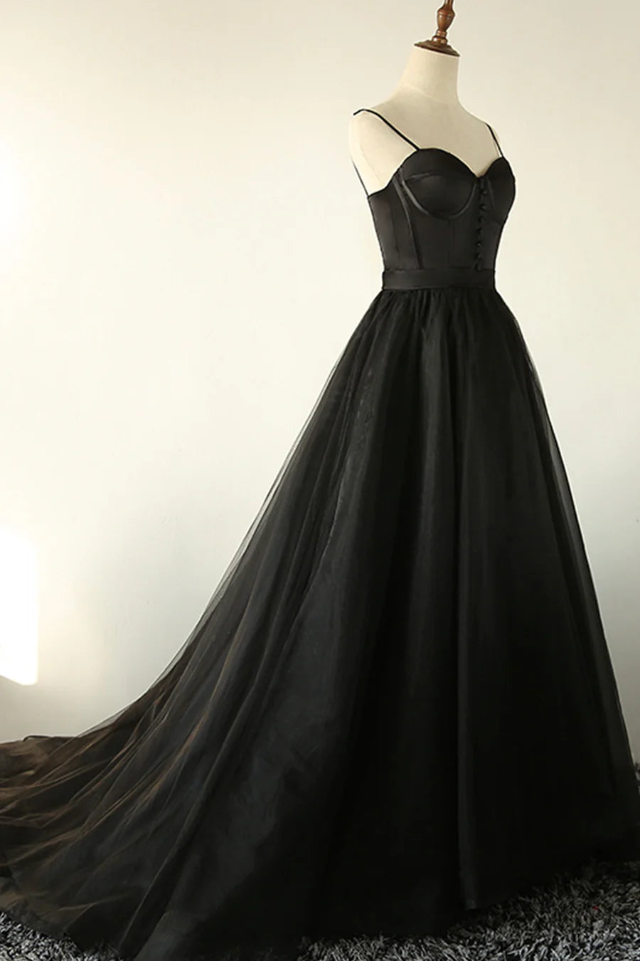 A-Line Spaghetti Strap Bodycon Boutons Satin Tulle Black Long Prom Dresses