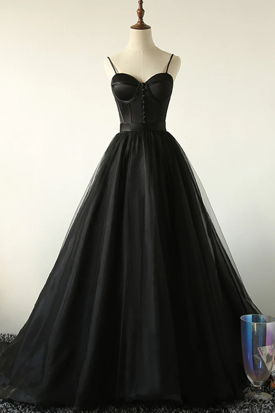 A-Line Spaghetti Strap Bodycon Boutons Satin Tulle Black Long Prom Dresses