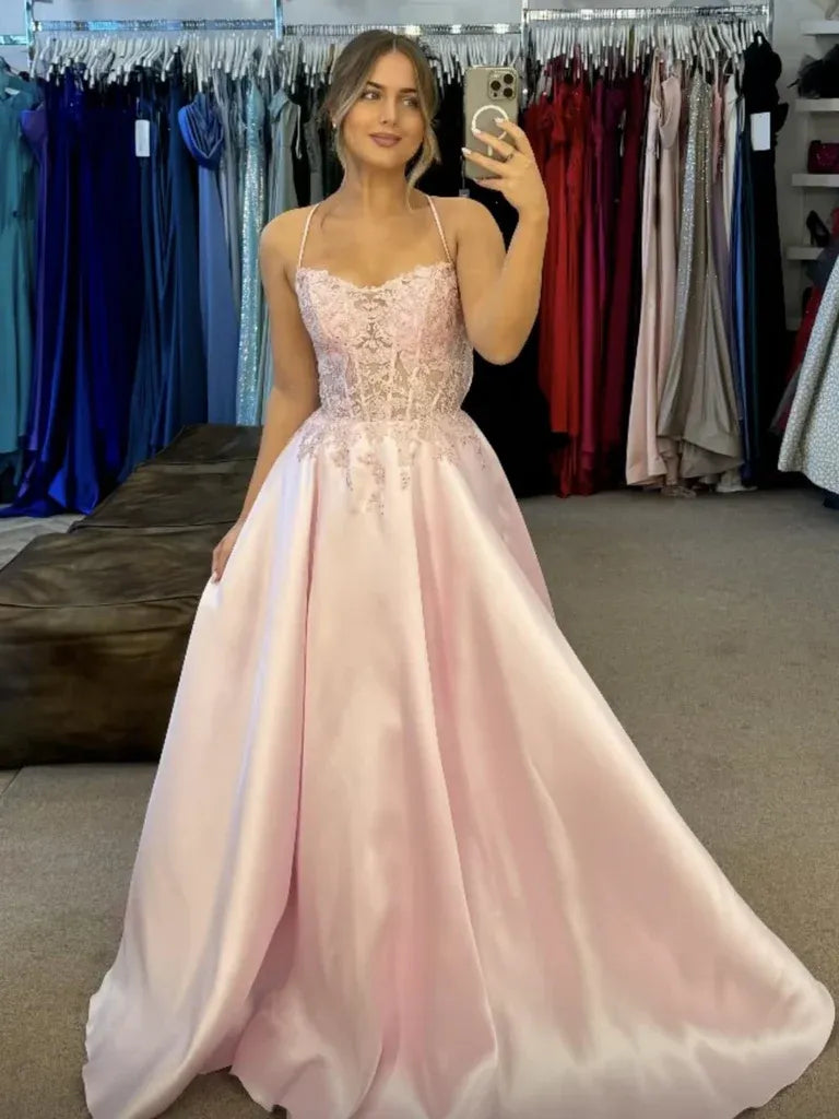 A-Line Spaghetti Strap Corset Lace Applique Satin Blush Pink Long Prom Dress
