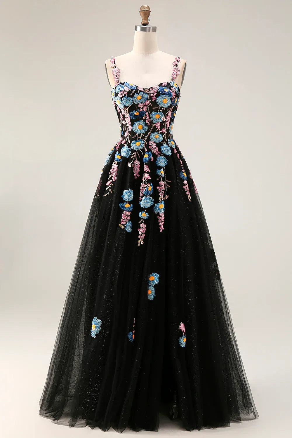 A-Line Sweetheart Floral Embroidered Black Maxi Prom Dress With Slit Handmade