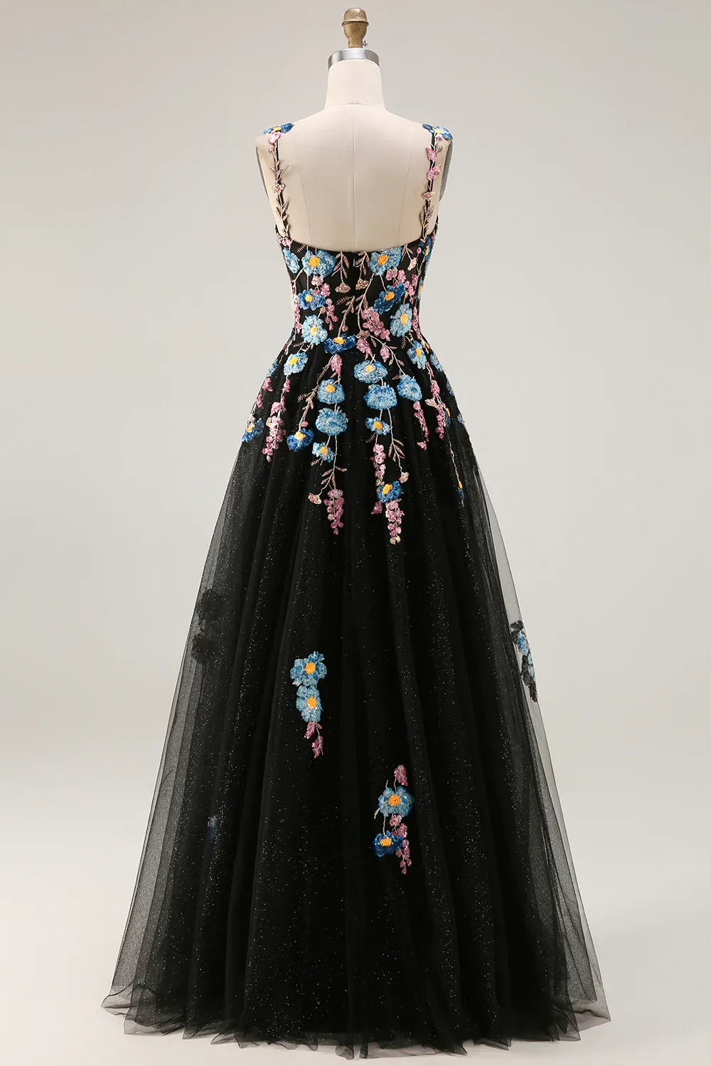 A-Line Sweetheart Floral Embroidered Black Maxi Prom Dress With Slit Handmade