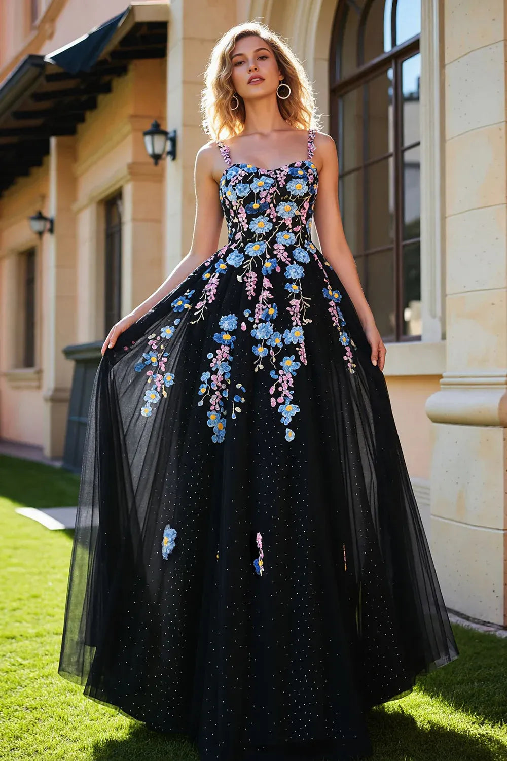 A-Line Sweetheart Floral Embroidered Black Maxi Prom Dress With Slit Handmade