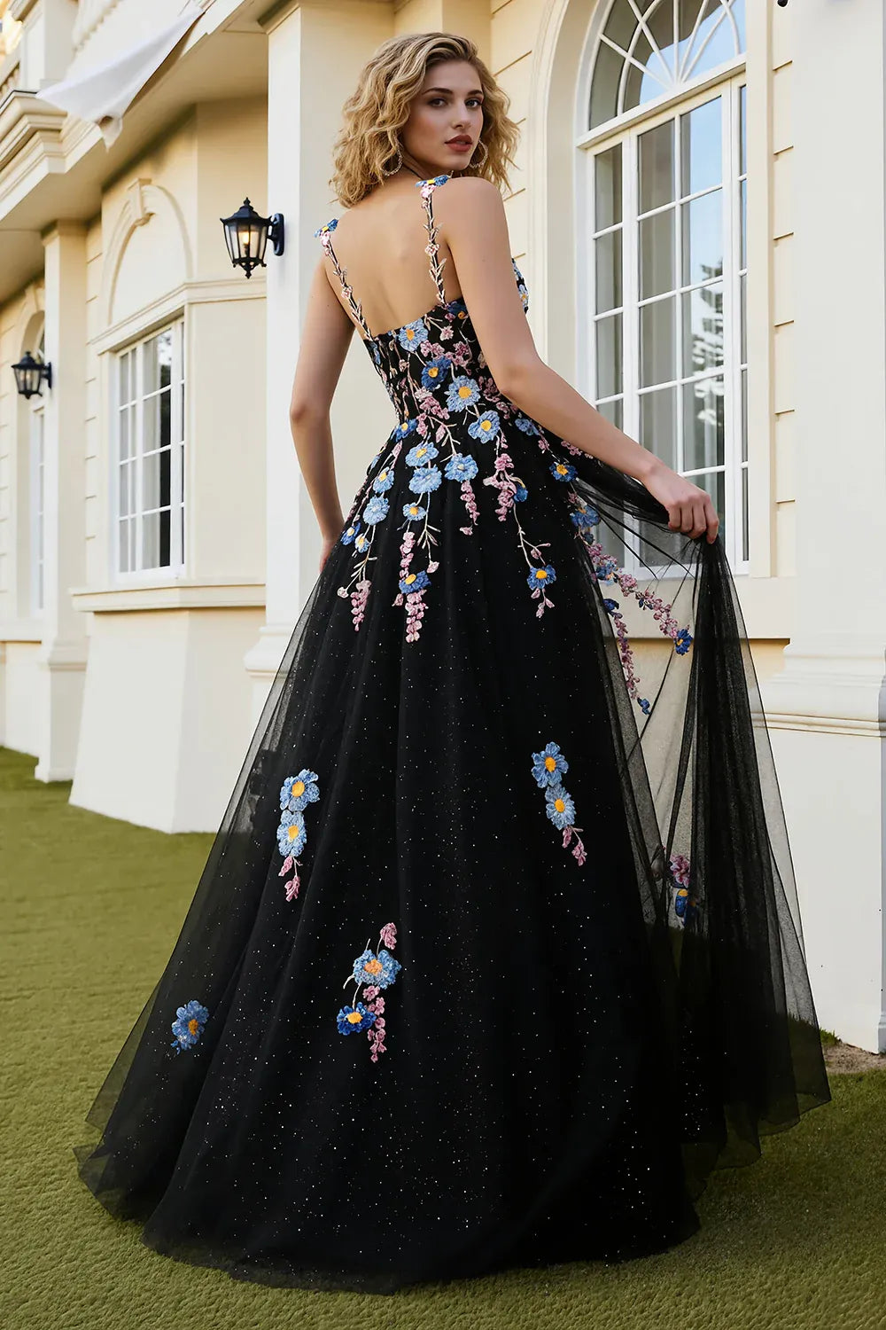 A-Line Sweetheart Floral Embroidered Black Maxi Prom Dress With Slit Handmade