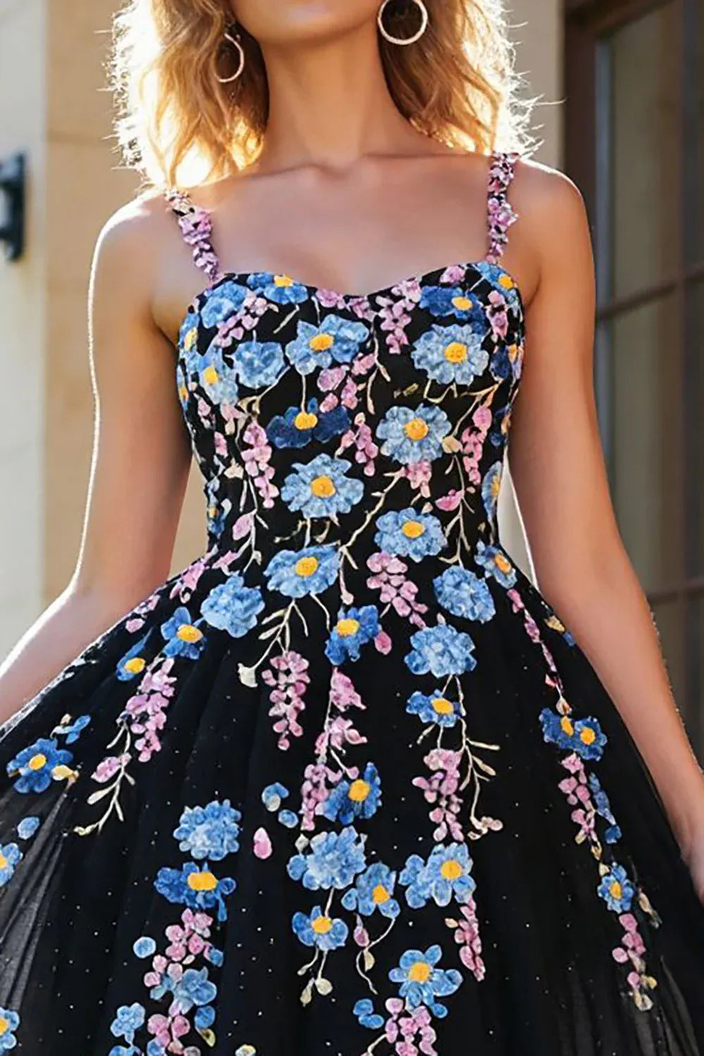 A-Line Sweetheart Floral Embroidered Black Maxi Prom Dress With Slit Handmade