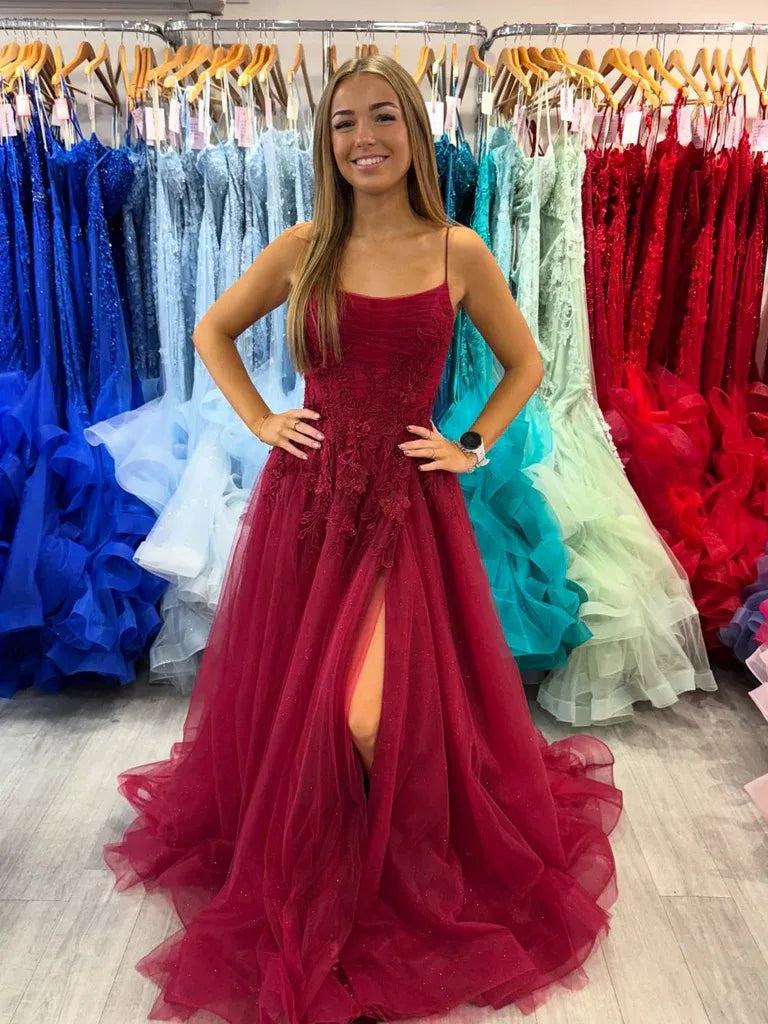 A-Line Spaghetti Strap Lace Applique Burgundy Long Prom Dress With Slit