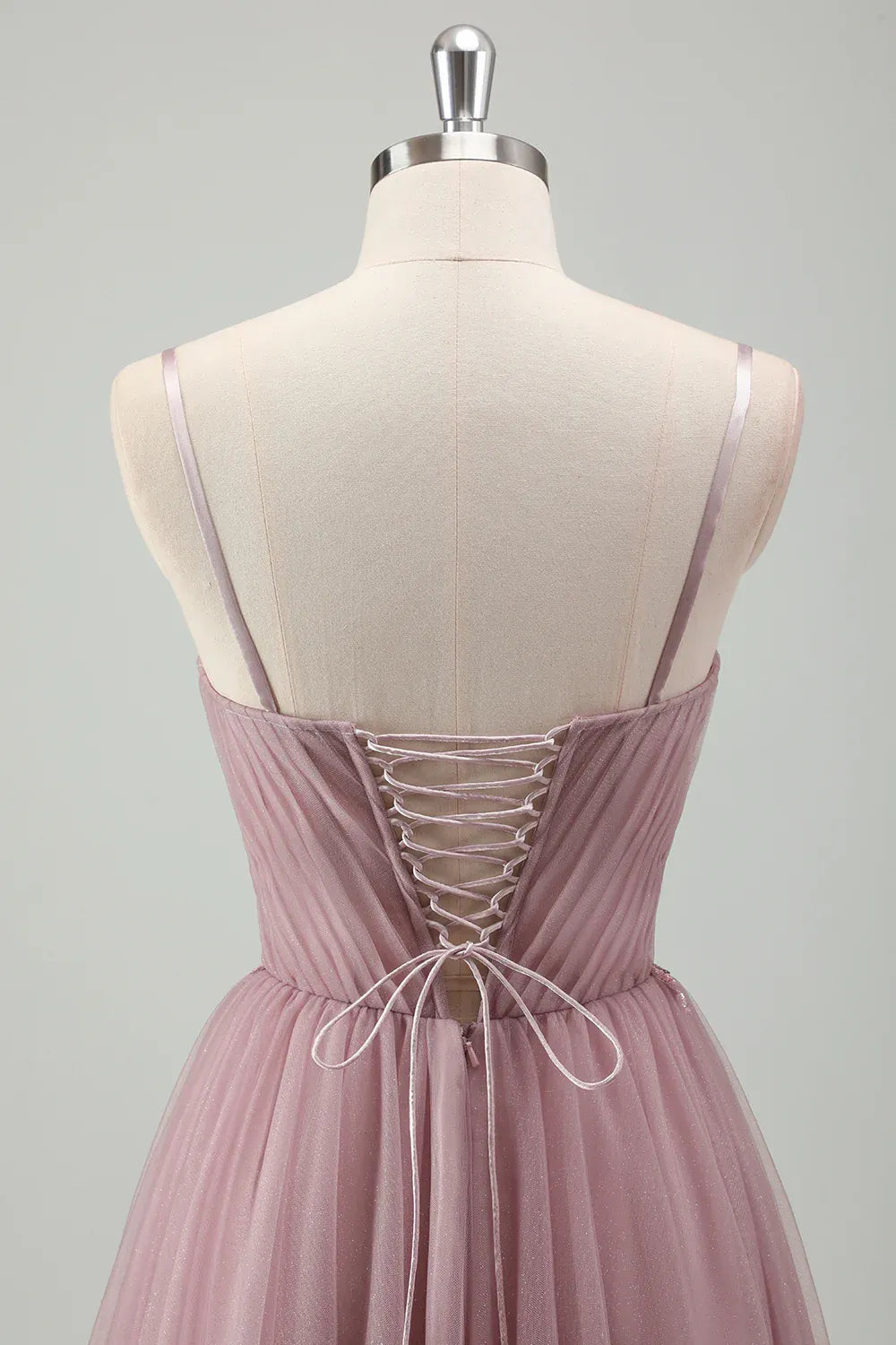 A-Line Spaghetti Strap Pleated Beaded Appliques Dusty Pink Maix Prom Dress