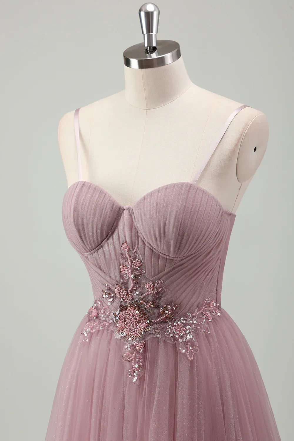 A-Line Spaghetti Strap Pleated Beaded Appliques Dusty Pink Maix Prom Dress