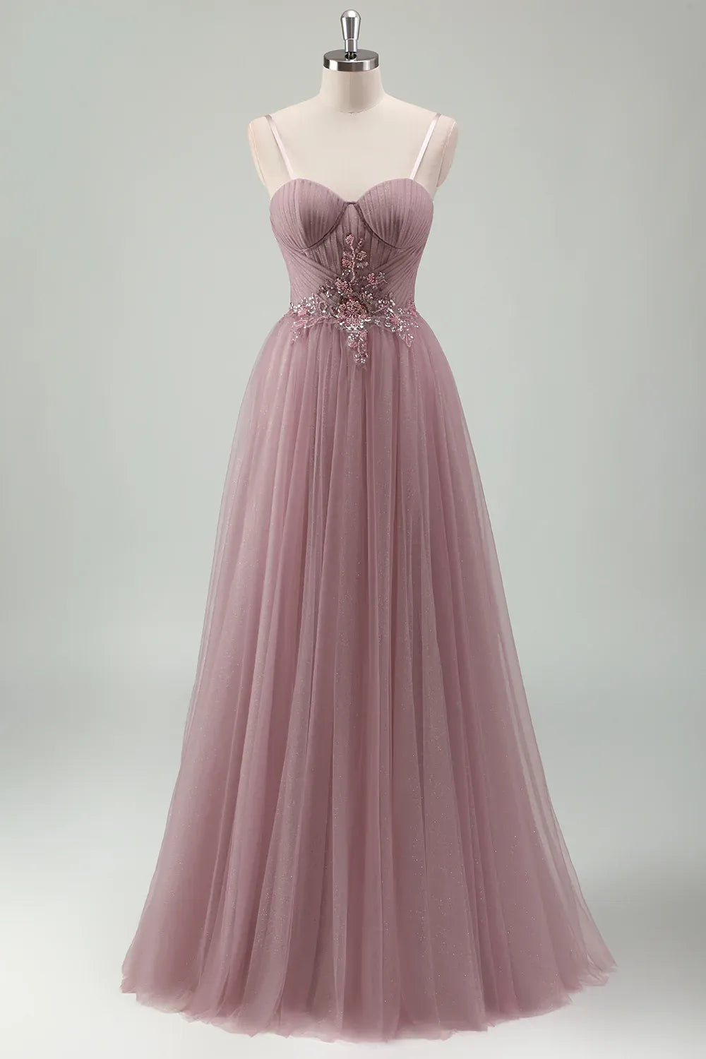 A-Line Spaghetti Strap Pleated Beaded Appliques Dusty Pink Maix Prom Dress