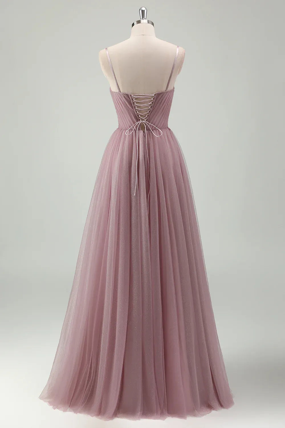 A-Line Spaghetti Strap Pleated Beaded Appliques Dusty Pink Maix Prom Dress