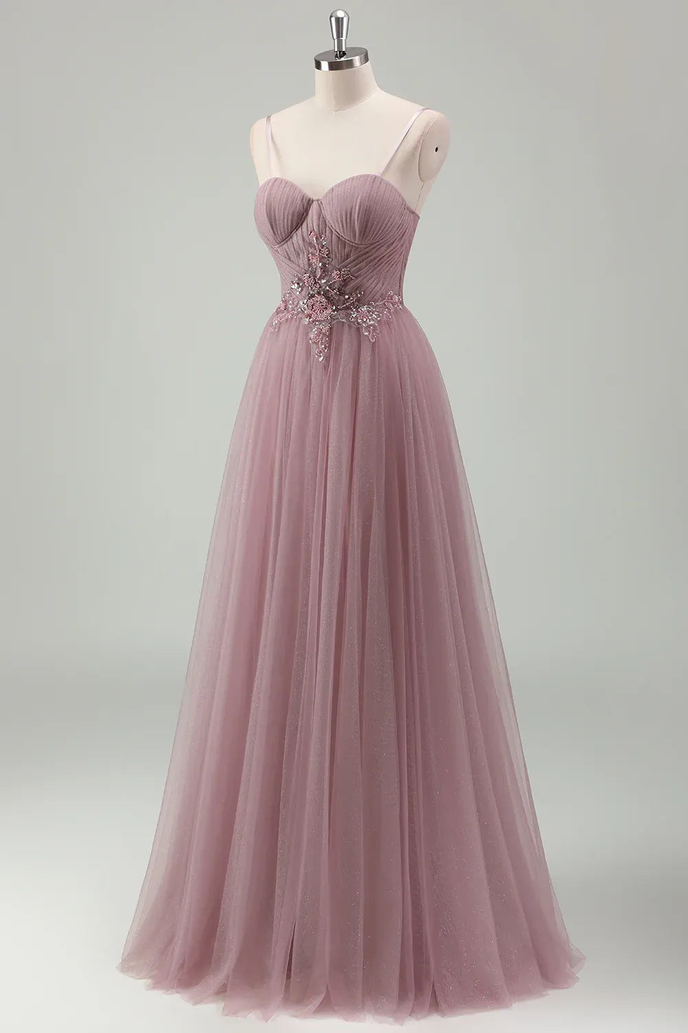 A-Line Spaghetti Strap Pleated Beaded Appliques Dusty Pink Maix Prom Dress