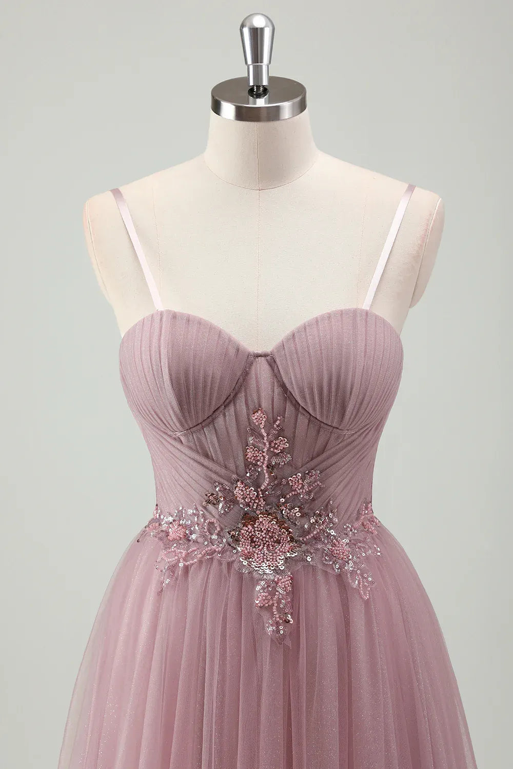 A-Line Spaghetti Strap Pleated Beaded Appliques Dusty Pink Maix Prom Dress