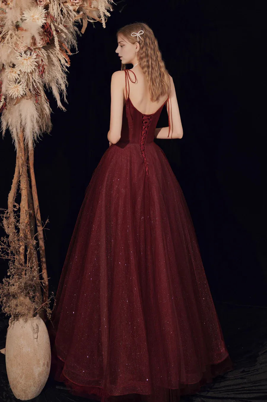 A-Line Spaghetti Strap Sequins Beaded Tulle Burgundy Long Prom Dress
