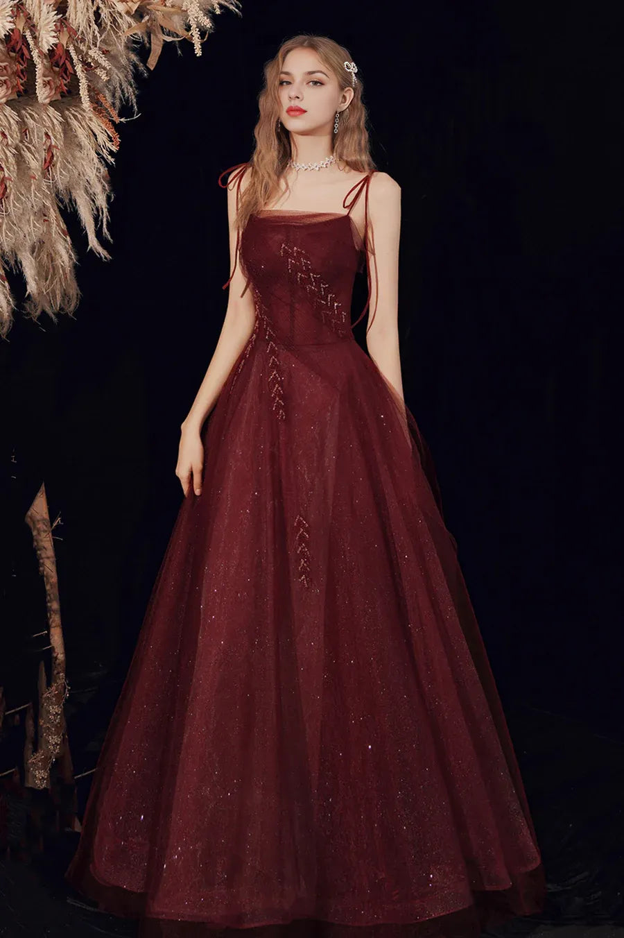 A-Line Spaghetti Strap Sequins Beaded Tulle Burgundy Long Prom Dress