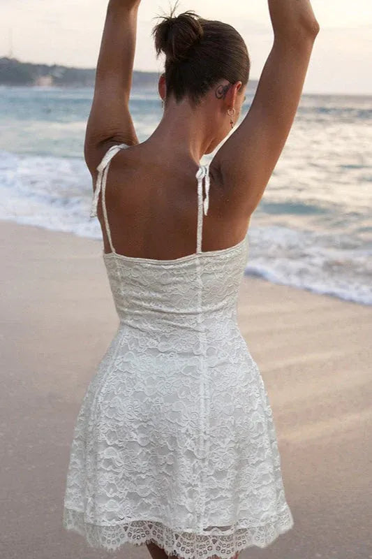 A-Line Spaghetti Strap Tie-Shoulder Lace White Short Homecoming Dress For Ladies