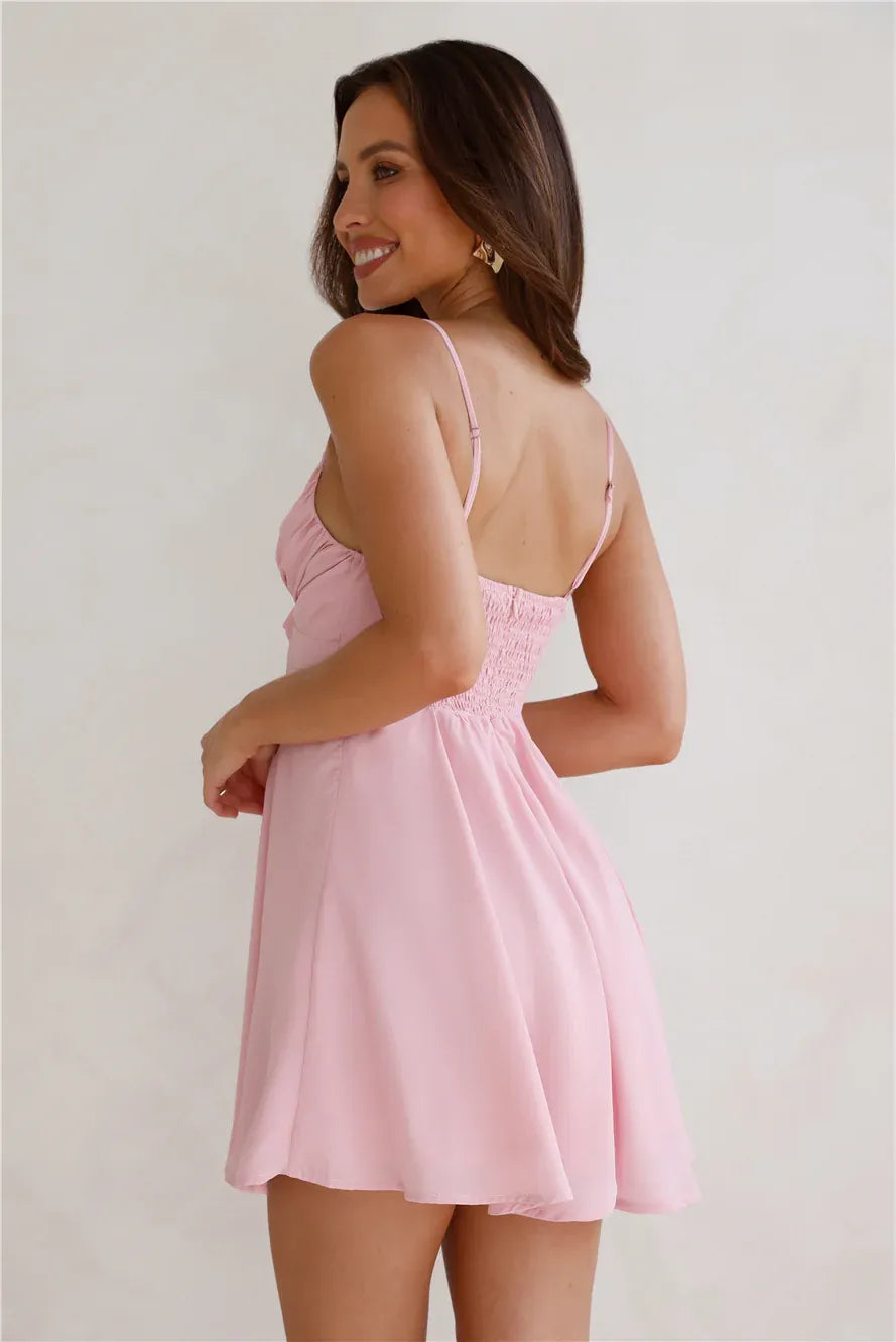 A-Line Spaghetti Strap Tie Front Ruffle Pink Short Homecoming Dress