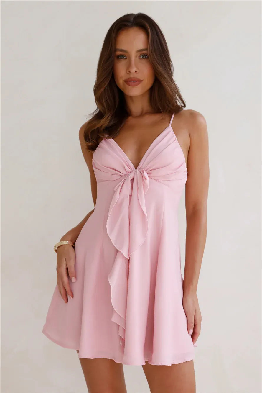 A-Line Spaghetti Strap Tie Front Ruffle Pink Short Homecoming Dress