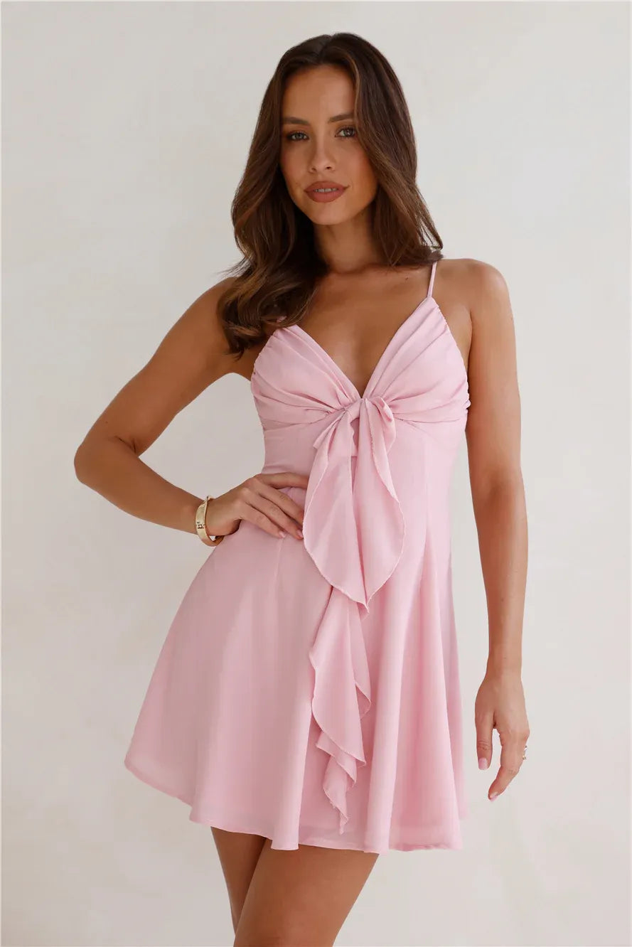 A-Line Spaghetti Strap Tie Front Ruffle Pink Short Homecoming Dress