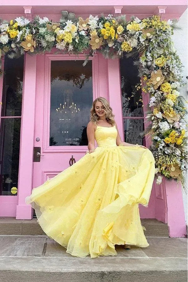 A-Line Spaghetti Straps 3D Flowers Layers Tulle Yellow Prom Dress