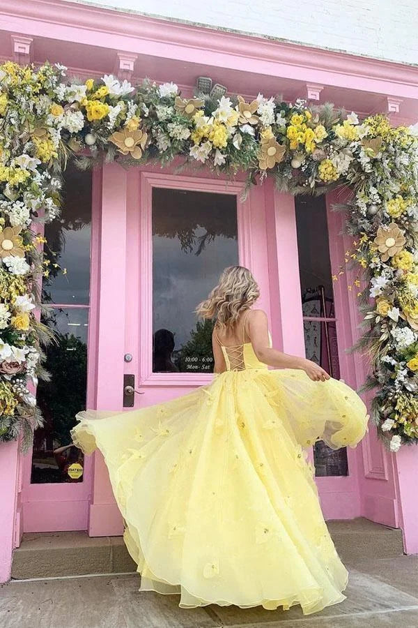 A-Line Spaghetti Straps 3D Flowers Layers Tulle Yellow Prom Dress