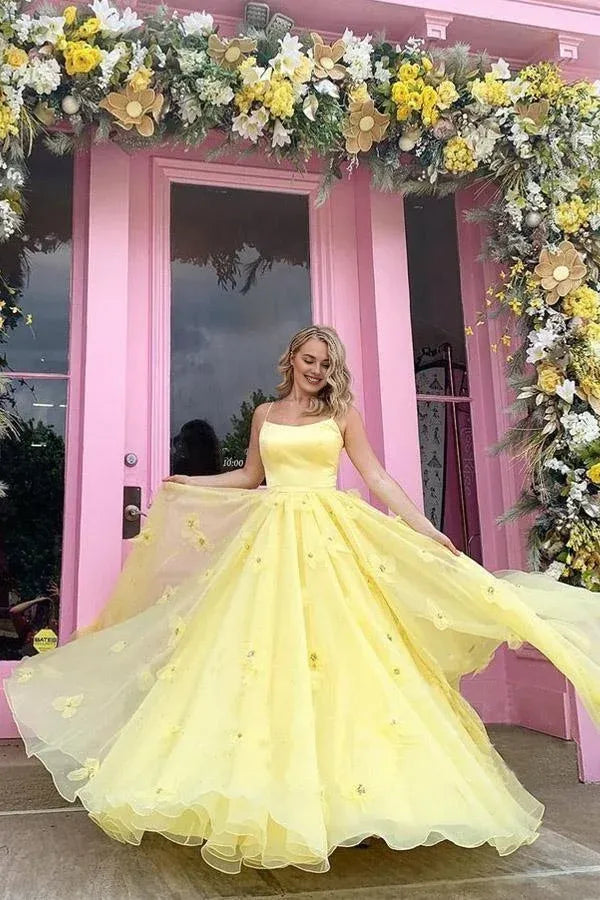 A-Line Spaghetti Straps 3D Flowers Layers Tulle Yellow Prom Dress