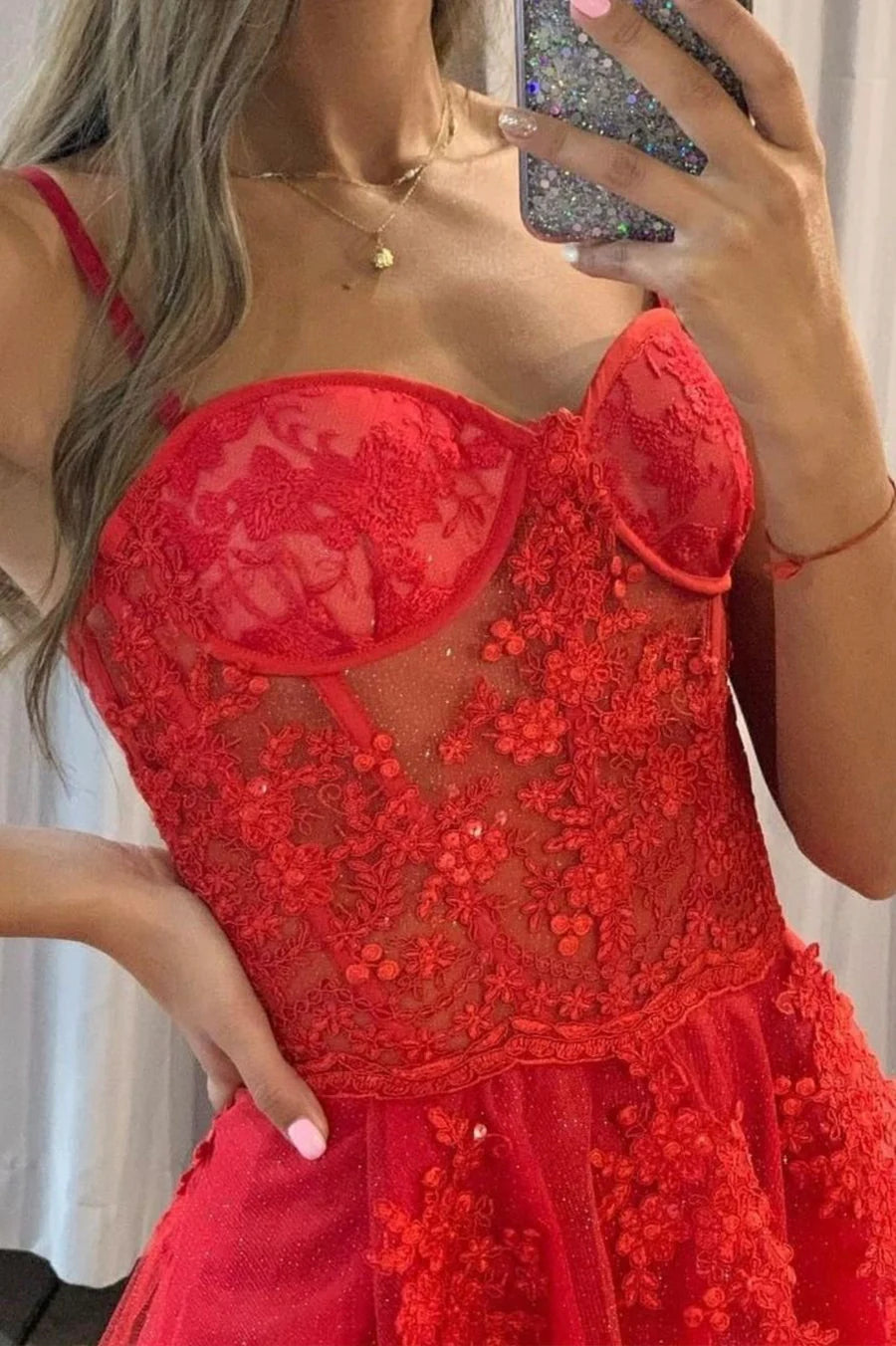 A-Line Spaghetti Straps Applique Bodycon Lace Red Long Prom Dress With Slit