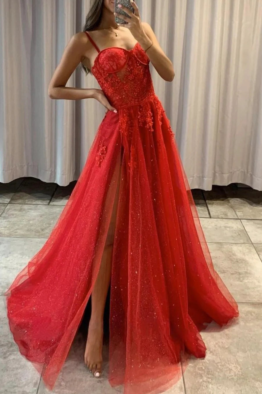 A-Line Spaghetti Straps Applique Bodycon Lace Red Long Prom Dress With Slit