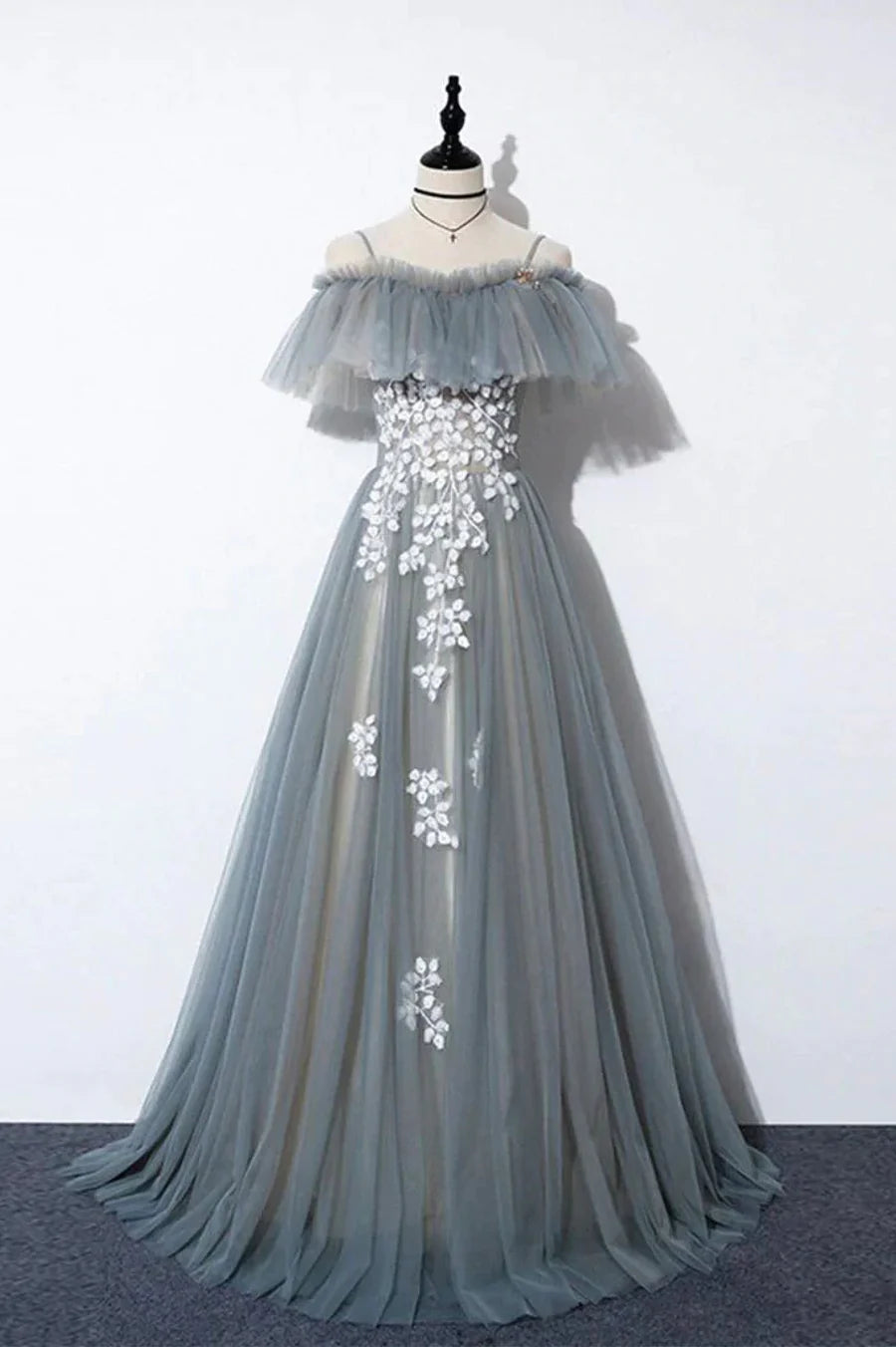 A-Line Spaghetti Straps Applique Tulle Lace Gray Long Prom Dress Evening Dress