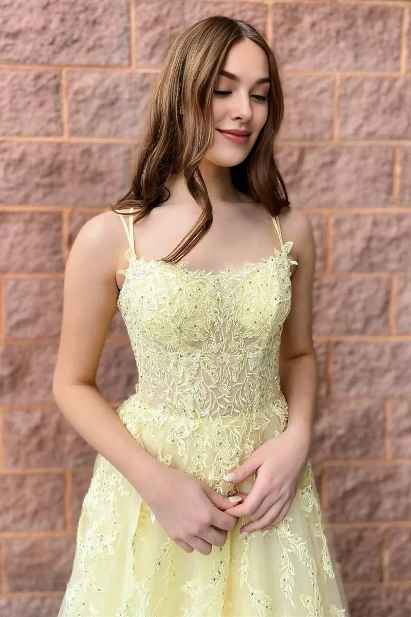 A-Line Spaghetti Straps Applique Tulle Yellow Floor Length Prom Dress