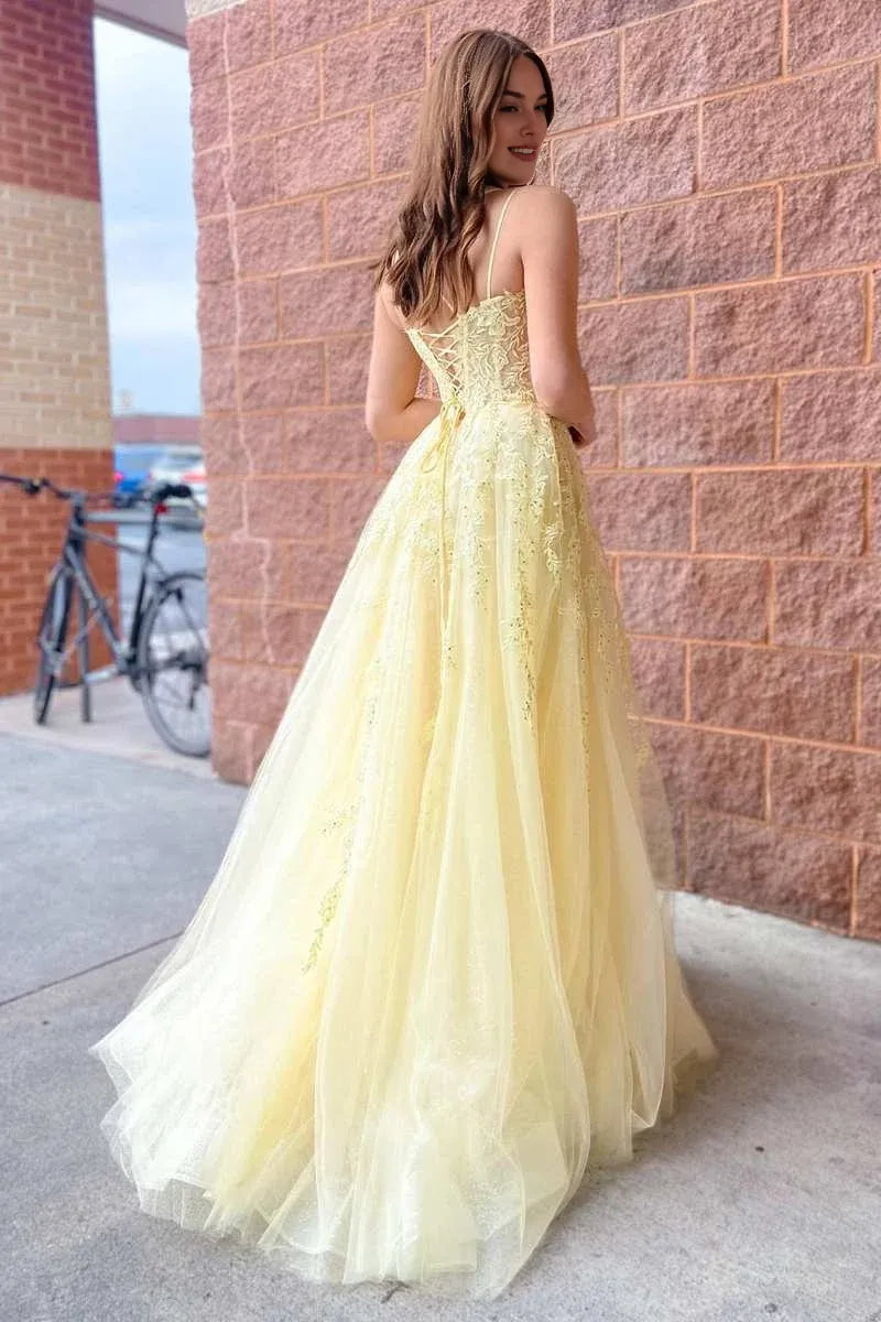 A-Line Spaghetti Straps Applique Tulle Yellow Floor Length Prom Dress