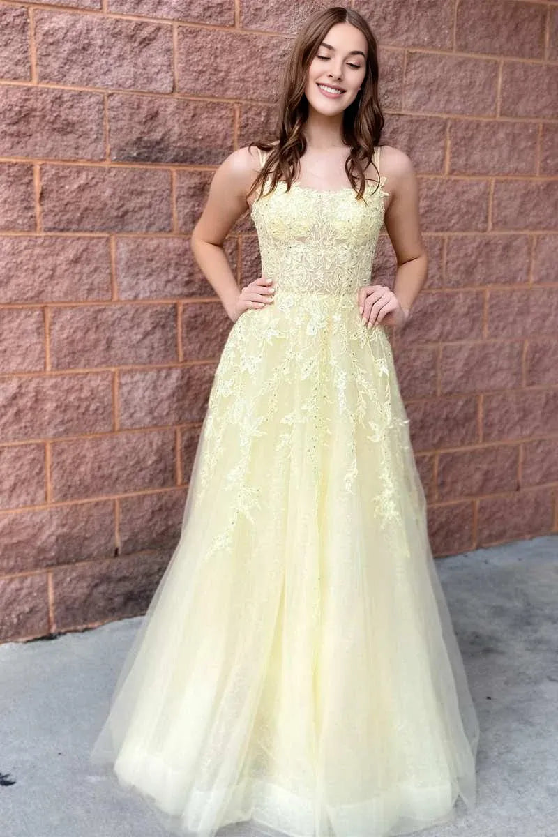 A-Line Spaghetti Straps Applique Tulle Yellow Floor Length Prom Dress