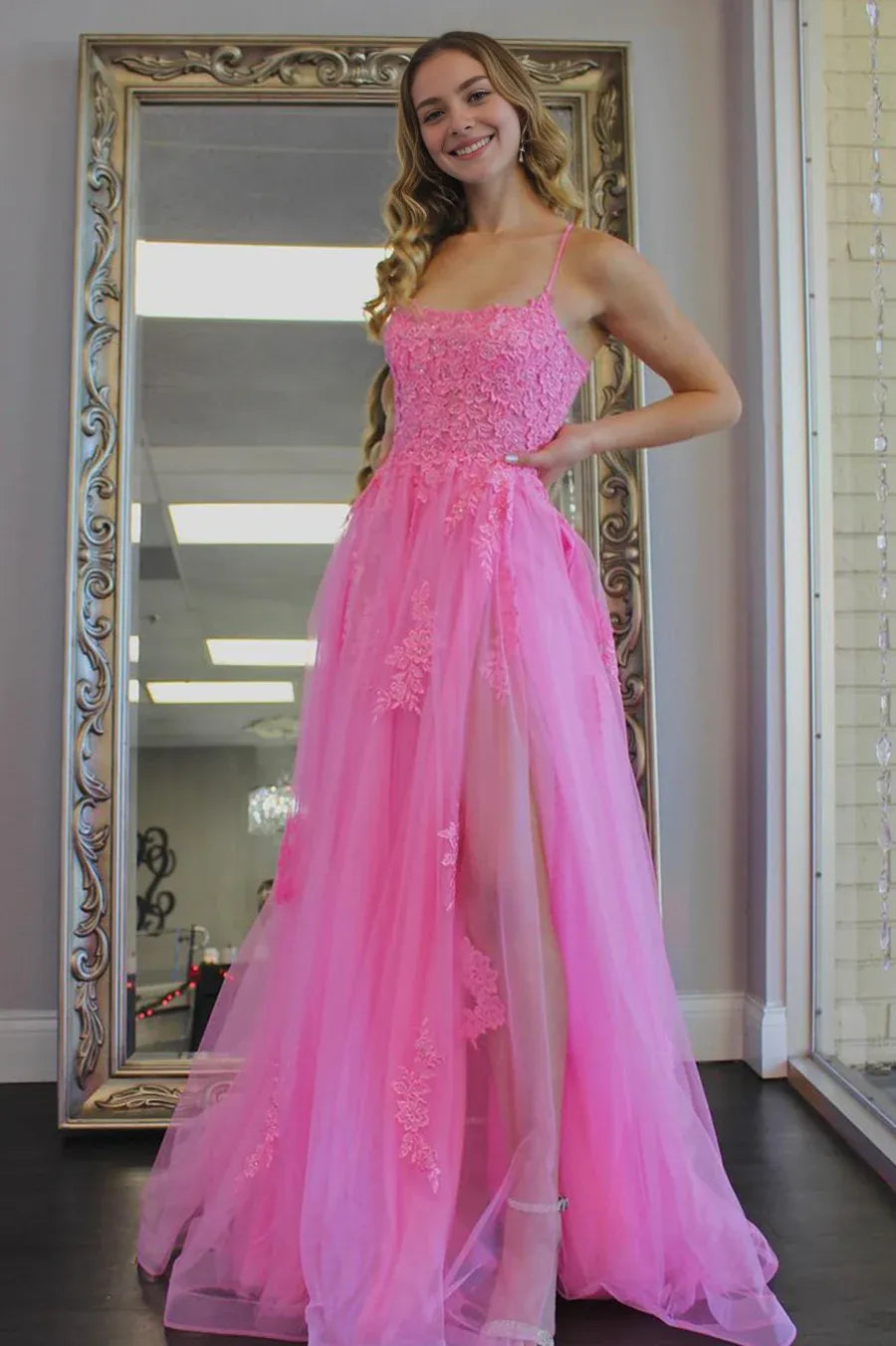 A-Line Spaghetti Straps Backless Applique Lace Pink Long Prom Dress With Slit