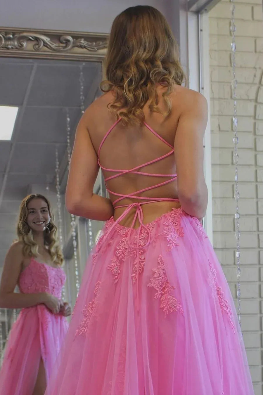 A-Line Spaghetti Straps Backless Applique Lace Pink Long Prom Dress With Slit