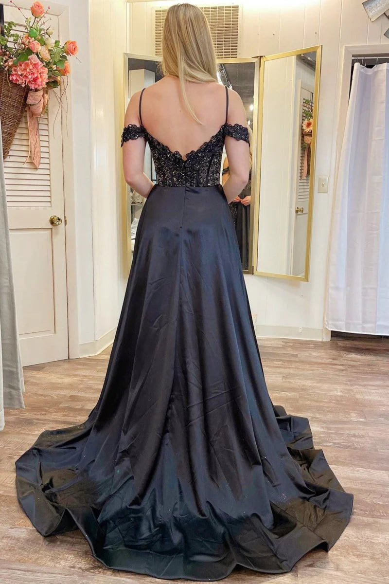 A-Line Spaghetti Straps Beaded Applique Satin Black Prom Dress With Slit