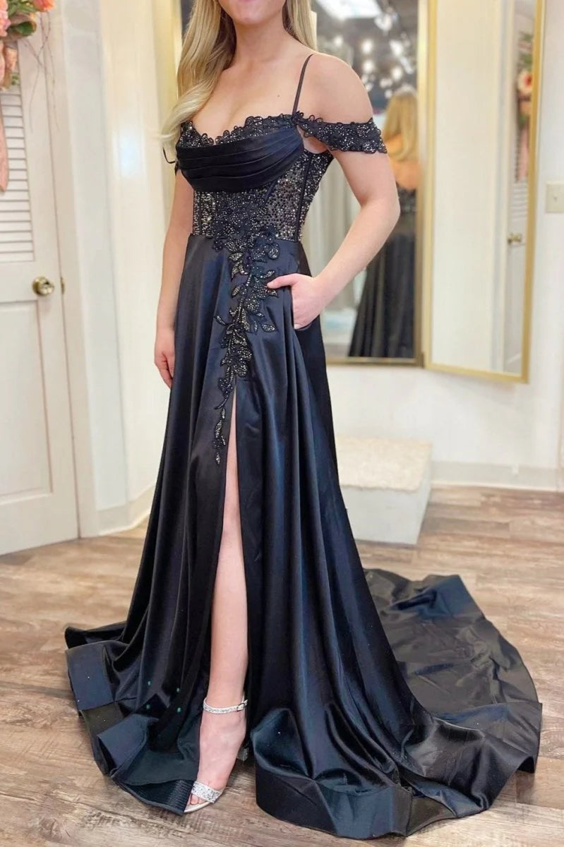 A-Line Spaghetti Straps Beaded Applique Satin Black Prom Dress With Slit