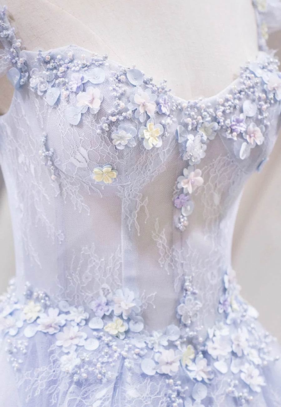 A-Line Spaghetti Straps Beaded Applique Tulle Lace Light Blue Long Prom Dress