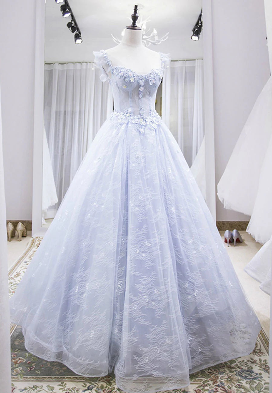A-Line Spaghetti Straps Beaded Applique Tulle Lace Light Blue Long Prom Dress