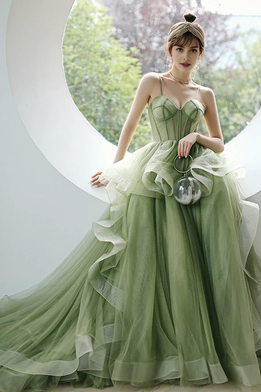 A-Line Spaghetti Straps Bodycon Ruffle Tiered Tulle Green Long Prom Dress With Train