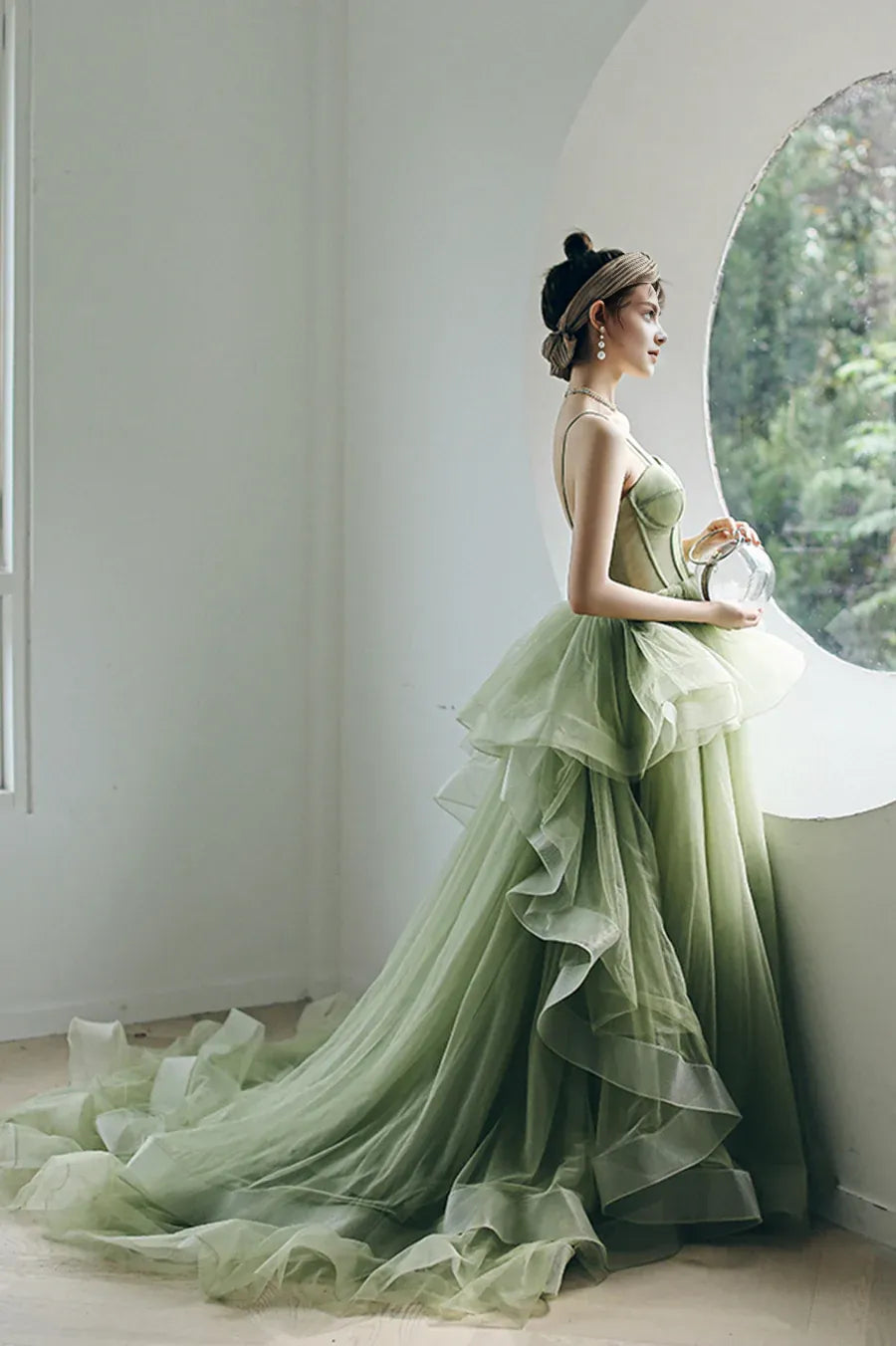 A-Line Spaghetti Straps Bodycon Ruffle Tiered Tulle Green Long Prom Dress With Train