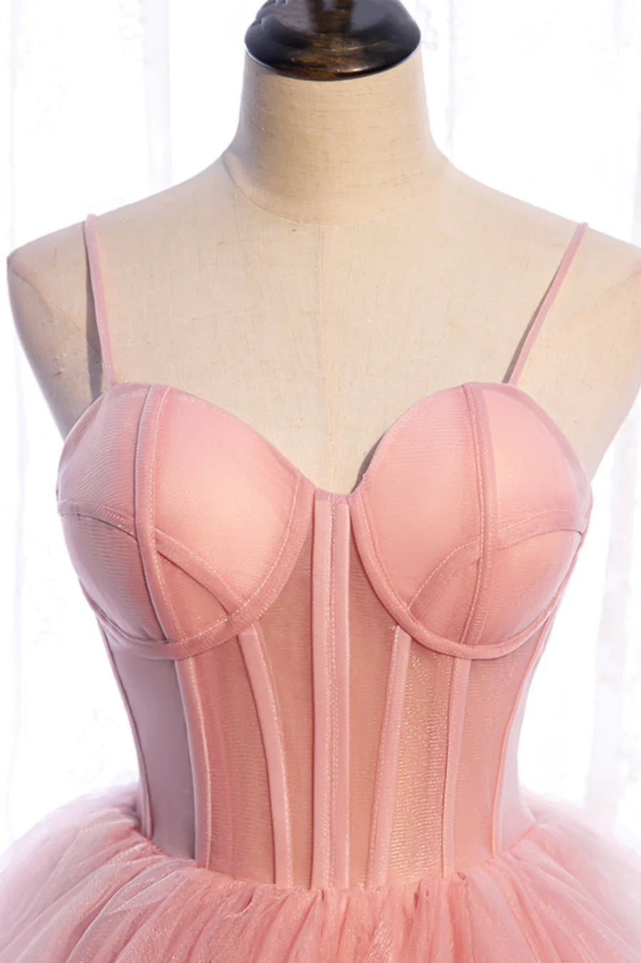 A-Line Spaghetti Straps Bodycon Ruffle Tiered Tulle Pink Long Prom Dresses