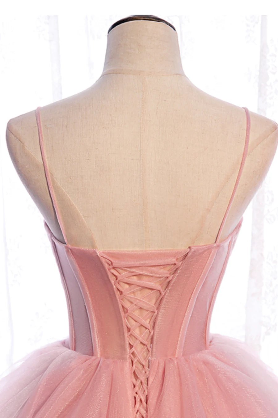 A-Line Spaghetti Straps Bodycon Ruffle Tiered Tulle Pink Long Prom Dresses