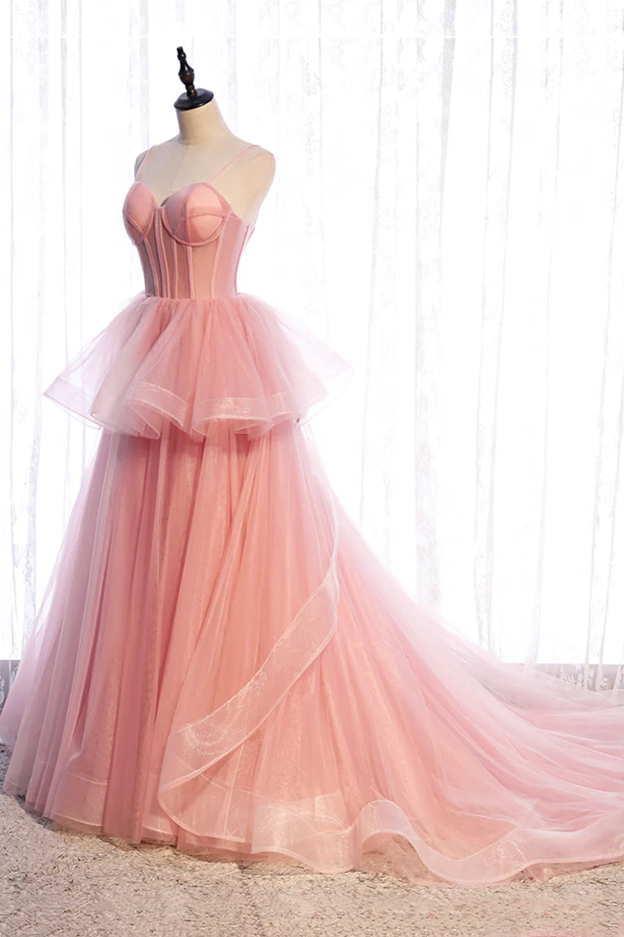 A-Line Spaghetti Straps Bodycon Ruffle Tiered Tulle Pink Long Prom Dresses
